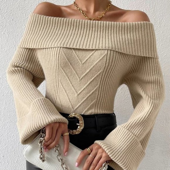 . Sweaters - Khaki Preppy Womens off shoulder Sweater